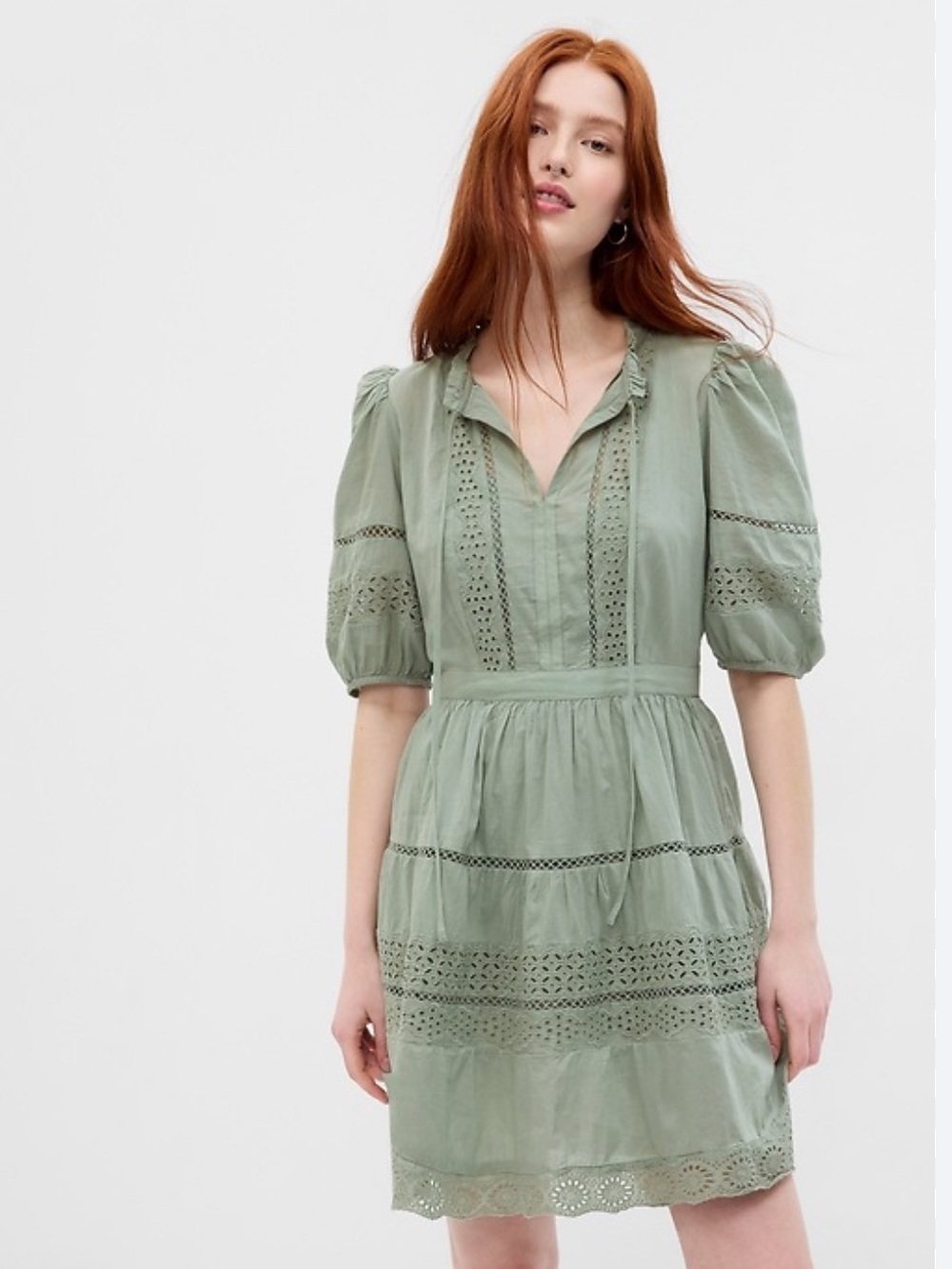 GAP Sage Green Eyelet Puff-Sleeve Dress